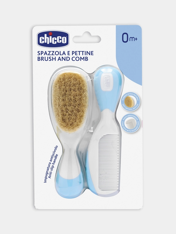 CHICCO Набор детск.расческа и щётка с натур.щетинками,голуб.,0мес.+