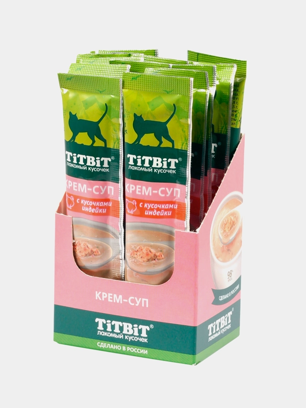Крем-суп для кошек Titbit с кусочками индейки, 16 штук по 10г