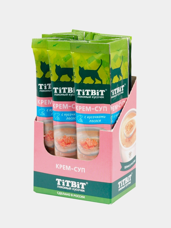 Крем-суп для кошек Titbit с кусочками лосося, 16 штук по 10г