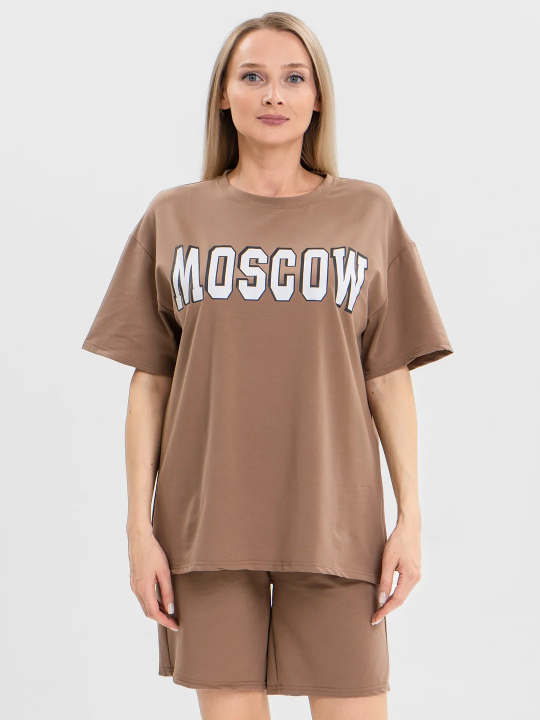 Бежевый женский костюм-двойка, футболка с шортами, с принтом "Moskow", оверсайз