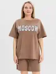 Бежевый женский костюм-двойка, футболка с шортами, с принтом "Moskow", оверсайз