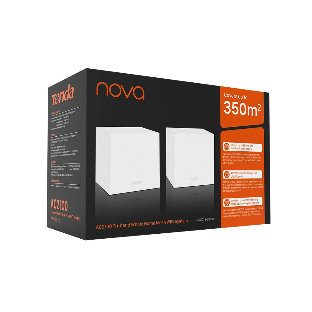 Трехдиапазонная Wi-Fi Mesh система Tenda NOVA MW12 (2-Pack), AC2100
