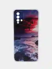 Фиолетовый силиконовый чехол на Xiaomi Redmi 9T / Редми 9Т прозрачный, с рисунком, защита камеры