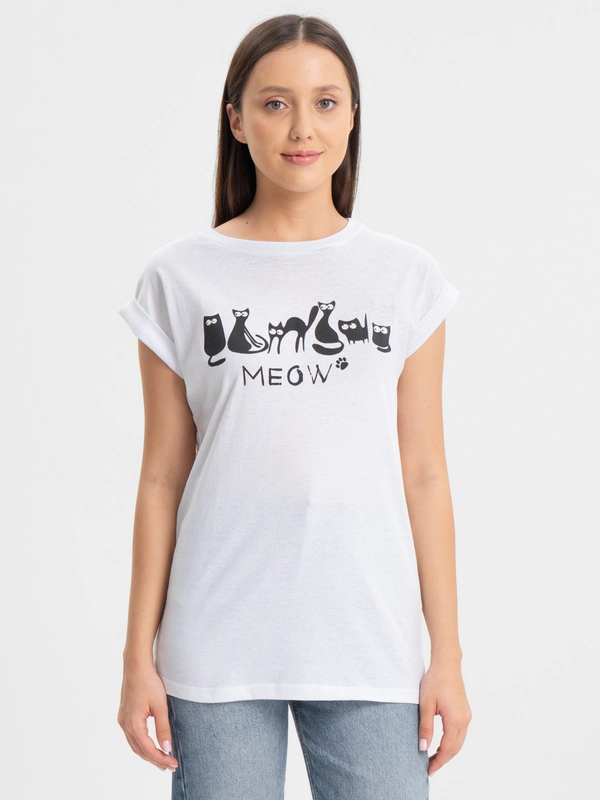 Футболка с принтом Meow, хлопок КФ1148П15 белый, KLERY