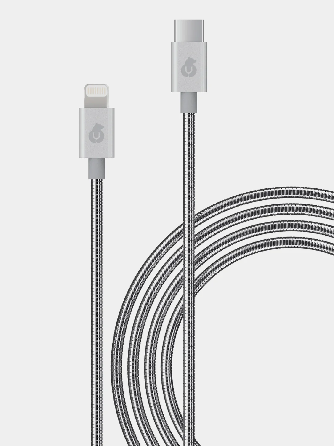 Серебряный зарядный кабель uBear Force UCB-C - Lightning, стальная оплётка, длина 1.2 м