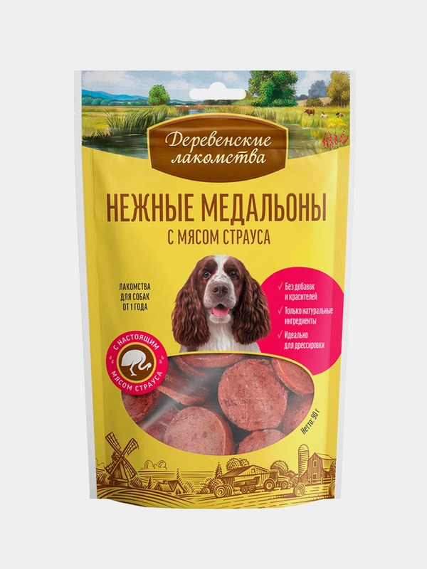 Нежные медальоны Деревенские лакомства для собак, с мясом страуса, 90 г