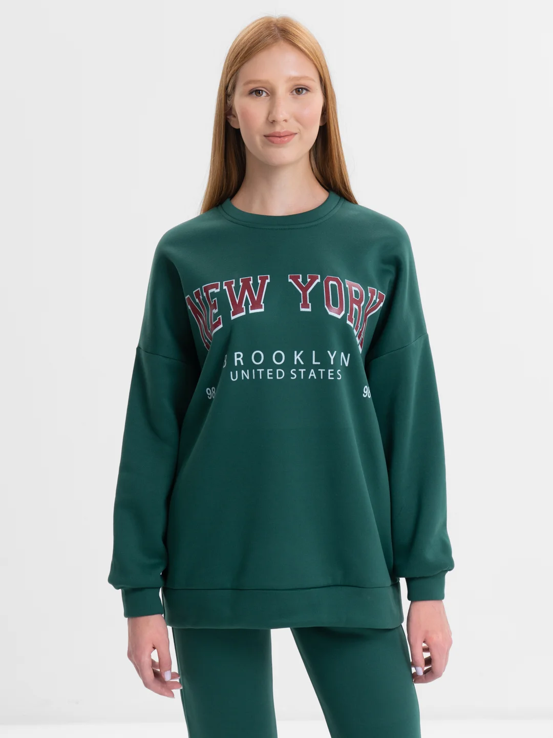 Зеленый женский спортивный костюм, на флисе, с принтом "New York": худи и штаны