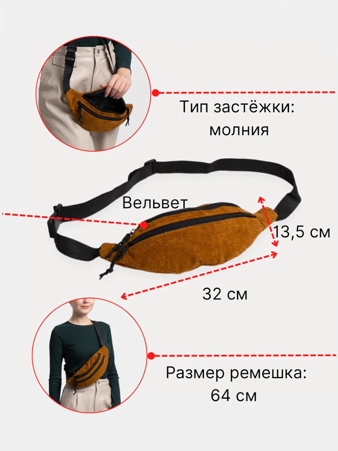 Поясная сумка, вельветовая, унисекс