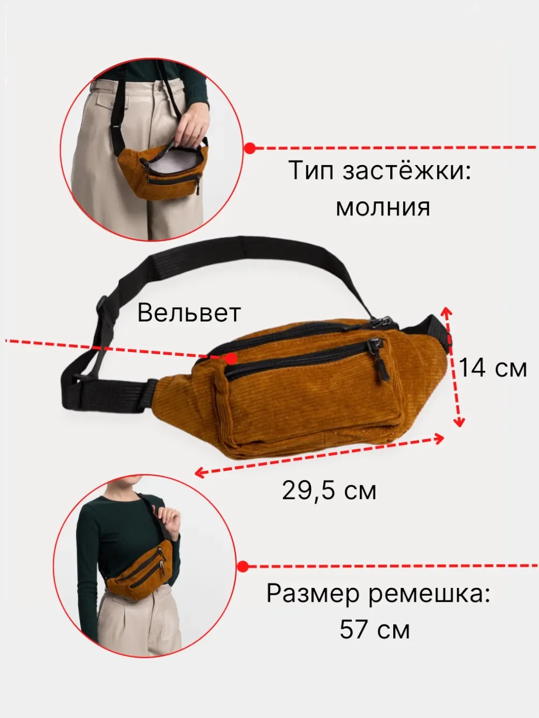 Сумка поясная, вельветовая через плечо, унисекс
