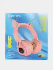 Розовый беспроводные светящиеся наушники Borofone BO18 Cat ear, накладные наушники полноразмерные