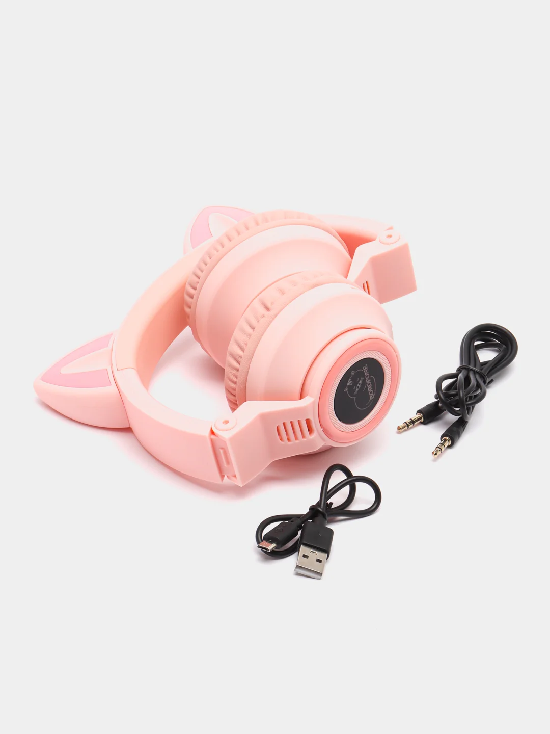 Розовый беспроводные светящиеся наушники Borofone BO18 Cat ear, накладные наушники полноразмерные