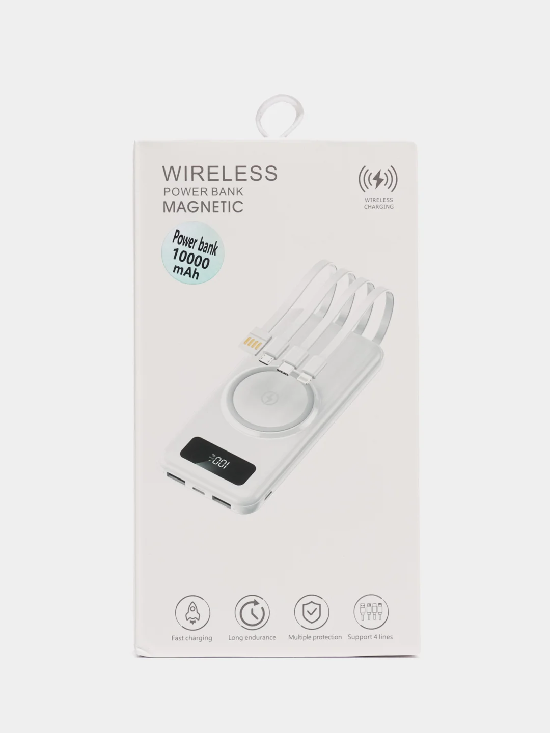 Белый повербанк (Powerbank) 10000, беспроводная зарядка, кабель Lightning, Type-C, Micro, USB A