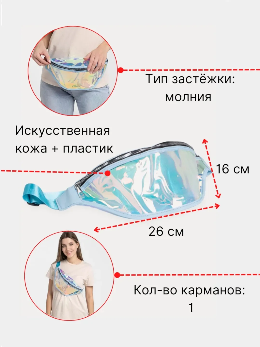 Фиолетовый сумка женская поясная через плечо голографическая прозрачная
