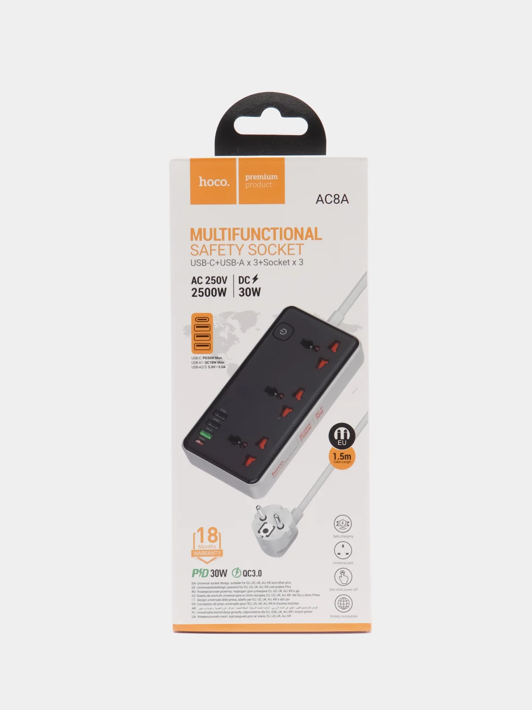 Черный многофункциональный сетевой фильтр, удлинитель Hoco AC7A, AC8A, AC9A c USB, Type-C 17-30W