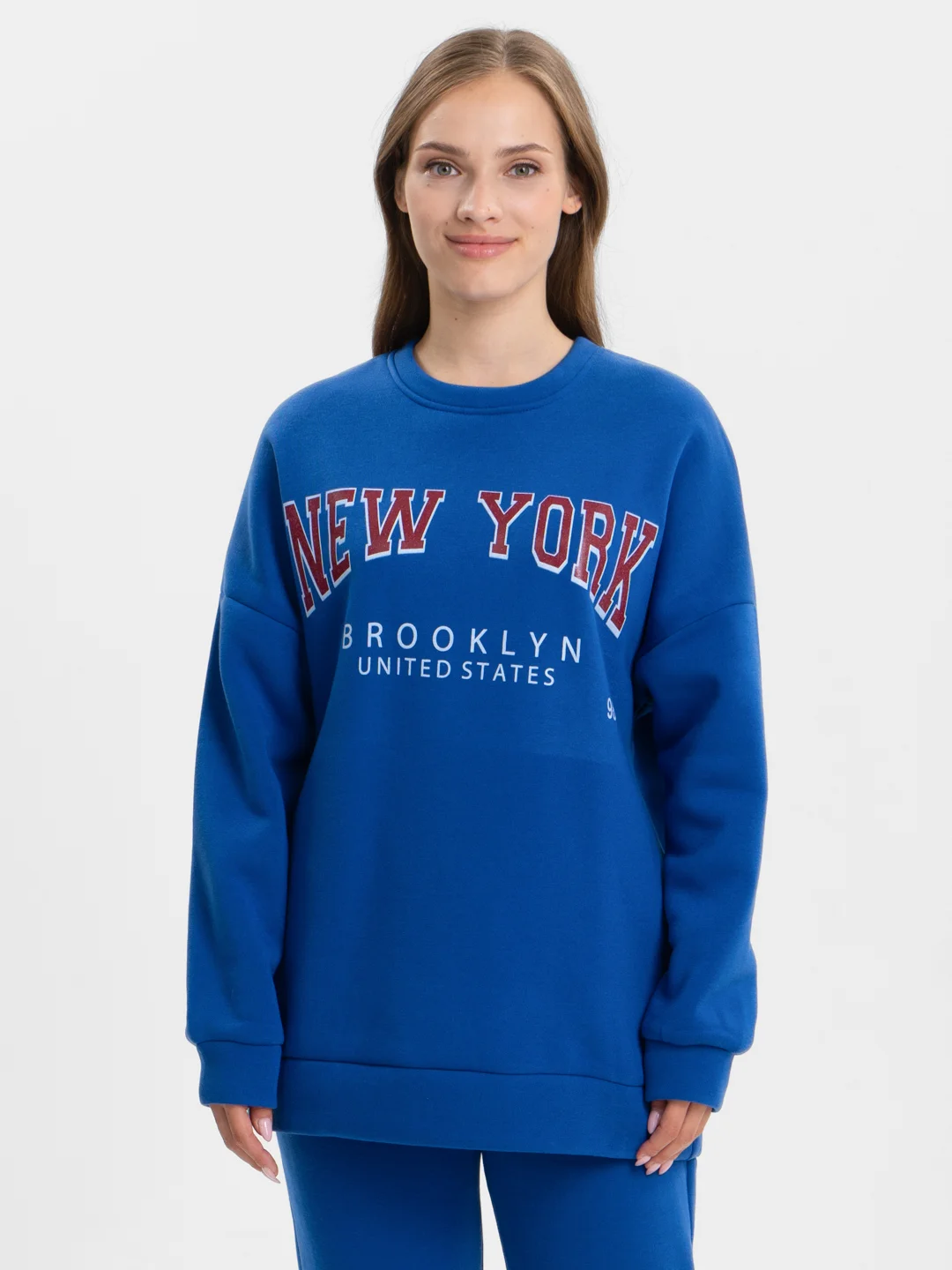 Темно-синий женский спортивный костюм, на флисе, с принтом "New York": худи и штаны