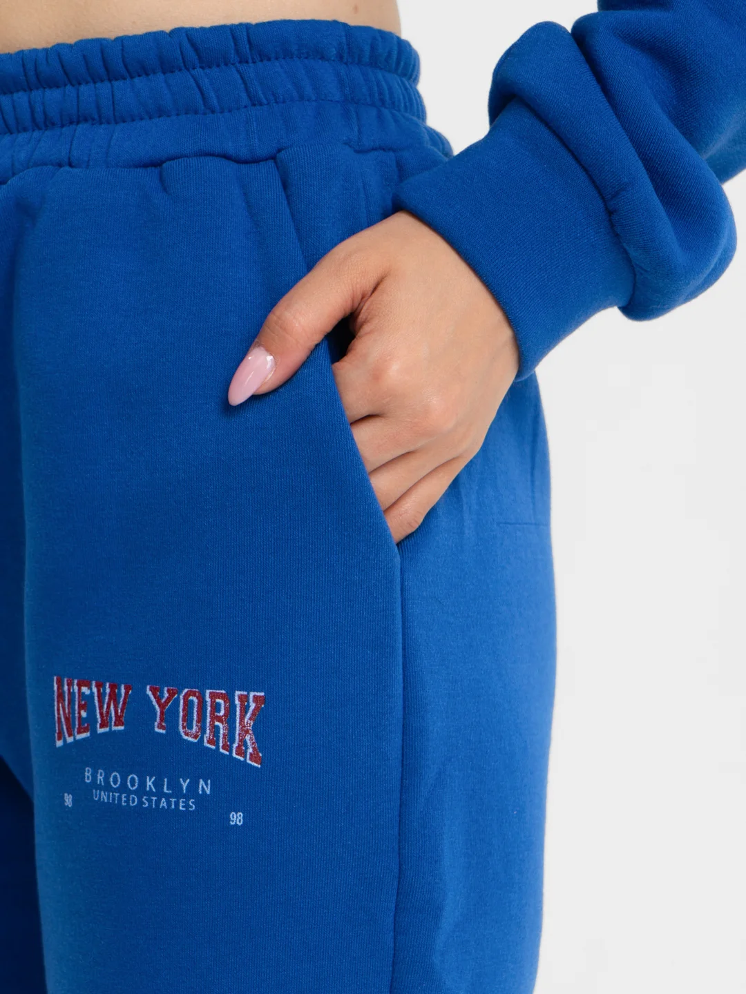 Темно-синий женский спортивный костюм, на флисе, с принтом "New York": худи и штаны