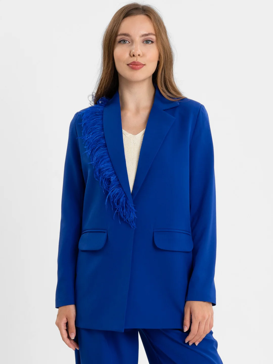 Белый костюм SK BRAND, классический, с перьями, женский