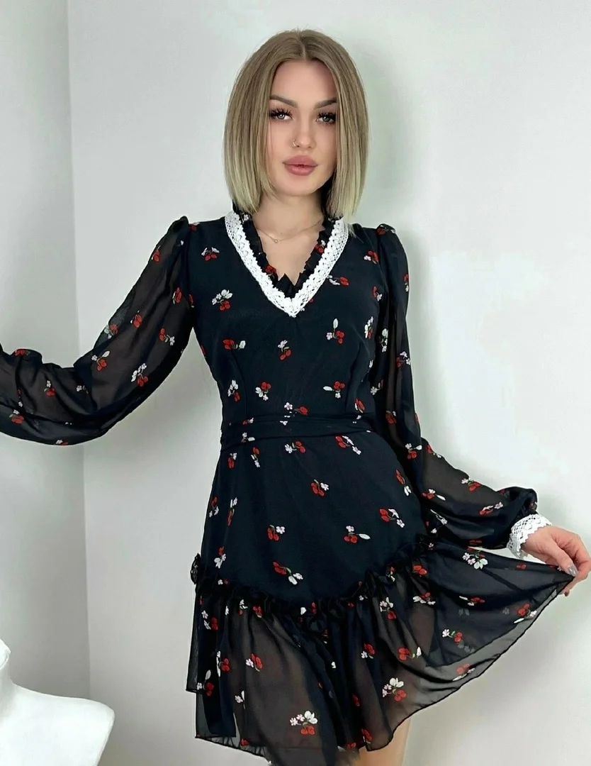 Черный женское платье мини, платье женское модное, с длинным рукавом