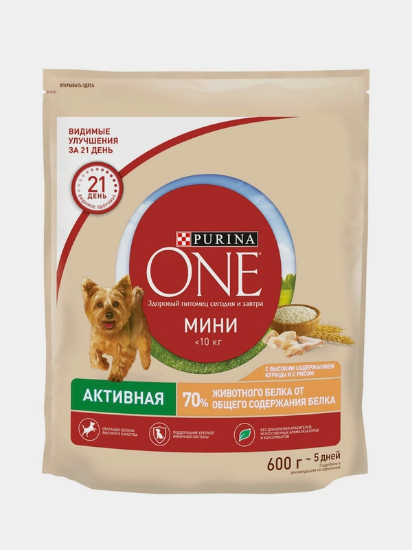 Сухой корм Purina One для собак мелких пород с активным образом жизни, курица и рис, 600 г
