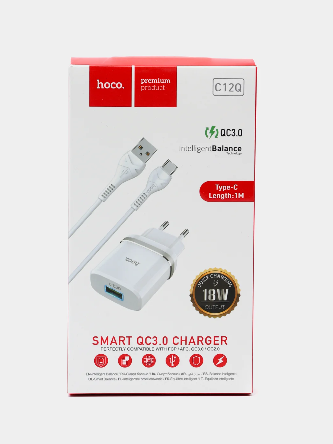 Белый cетевое зарядное устройство Hoco C12Q Type-C 3.0A, 18W, быстрая зарядка, 1 м