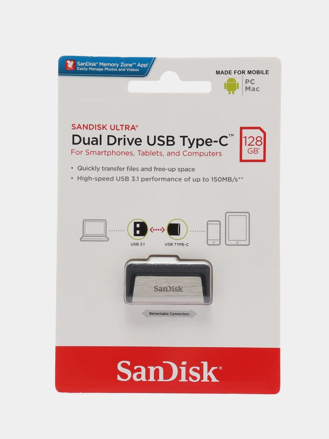 Флешка SanDisk Ultra USB 3.1, с Type-C, выдвижная, 4 размера