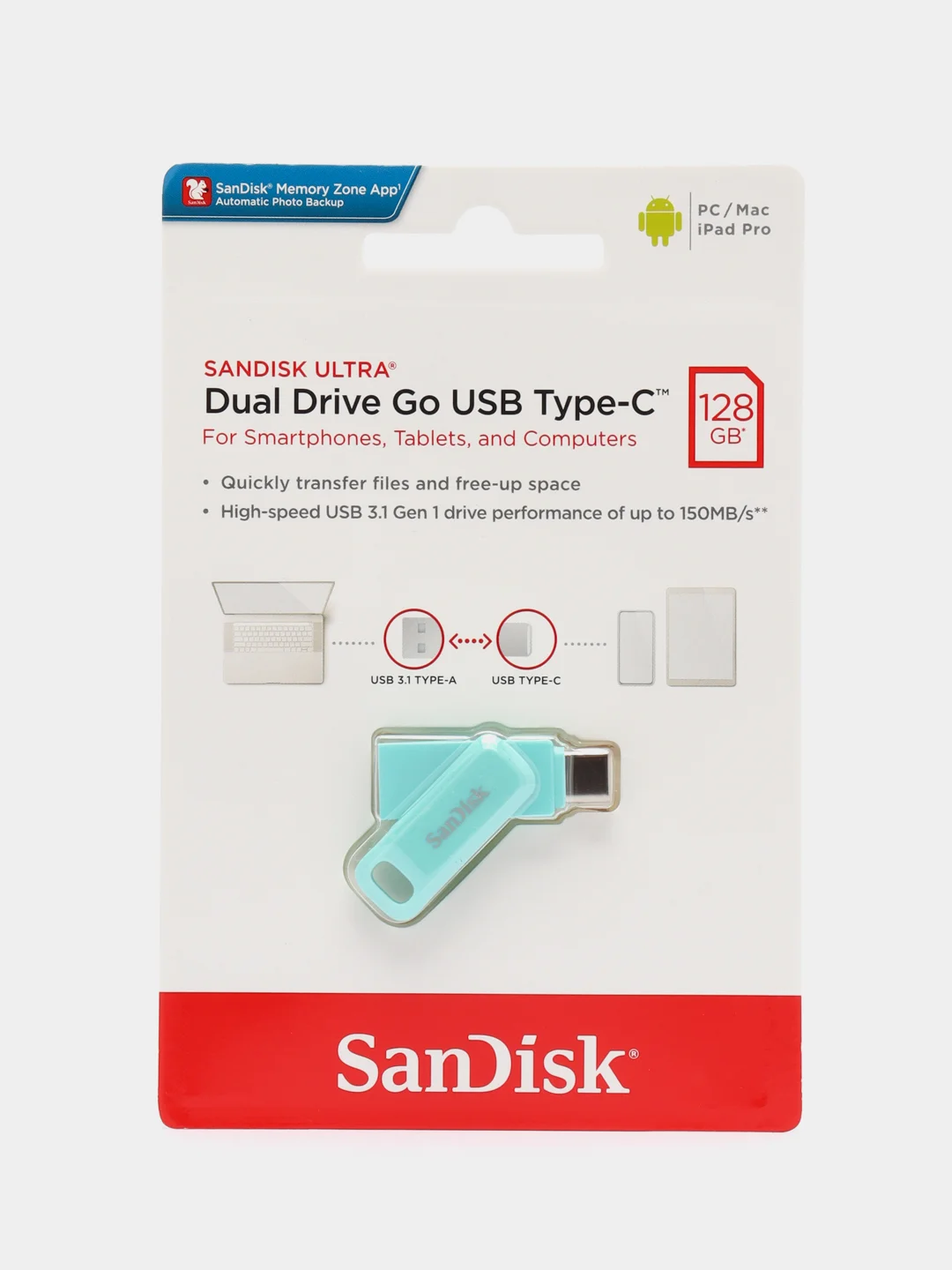 Бирюзовый флешка SanDisk ULTRA USB 3.1, Type-C, карта памяти, поворотная, 4 размера