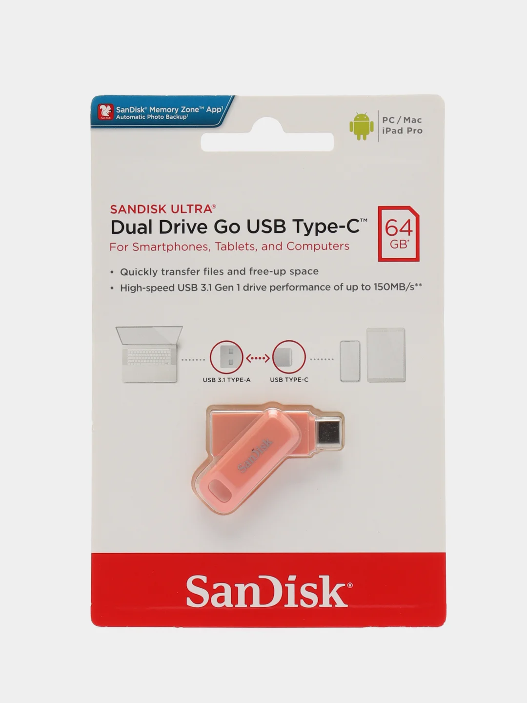 Розовый флешка SanDisk ULTRA USB 3.1, Type-C, карта памяти, поворотная, 4 размера