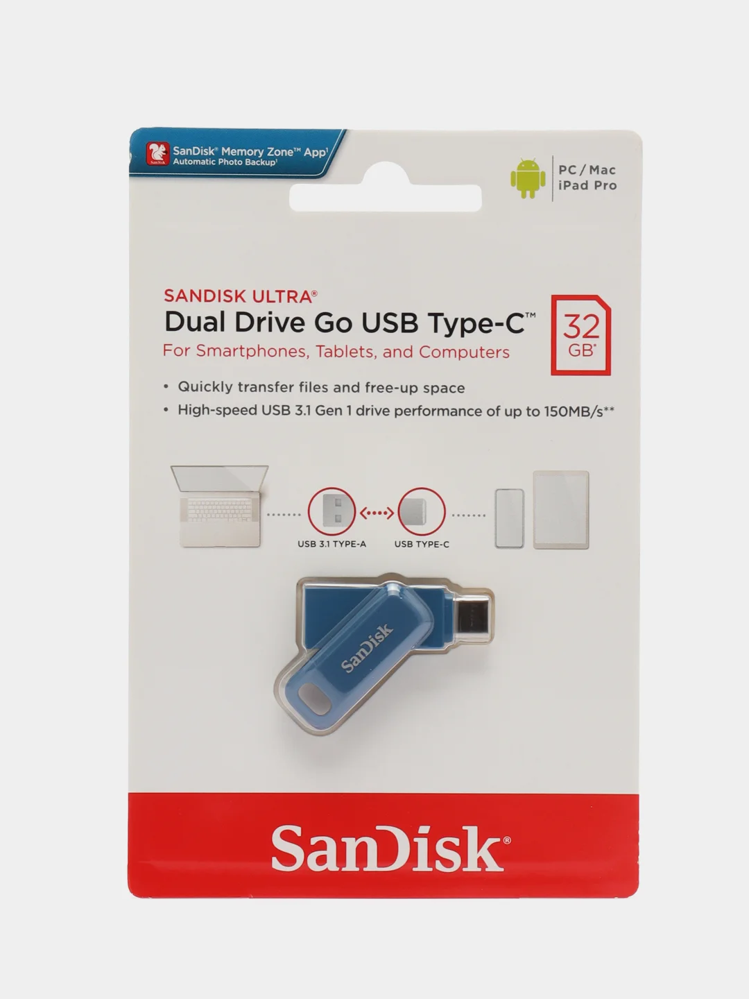 Голубой флешка SanDisk ULTRA USB 3.1, Type-C, карта памяти, поворотная, 4 размера
