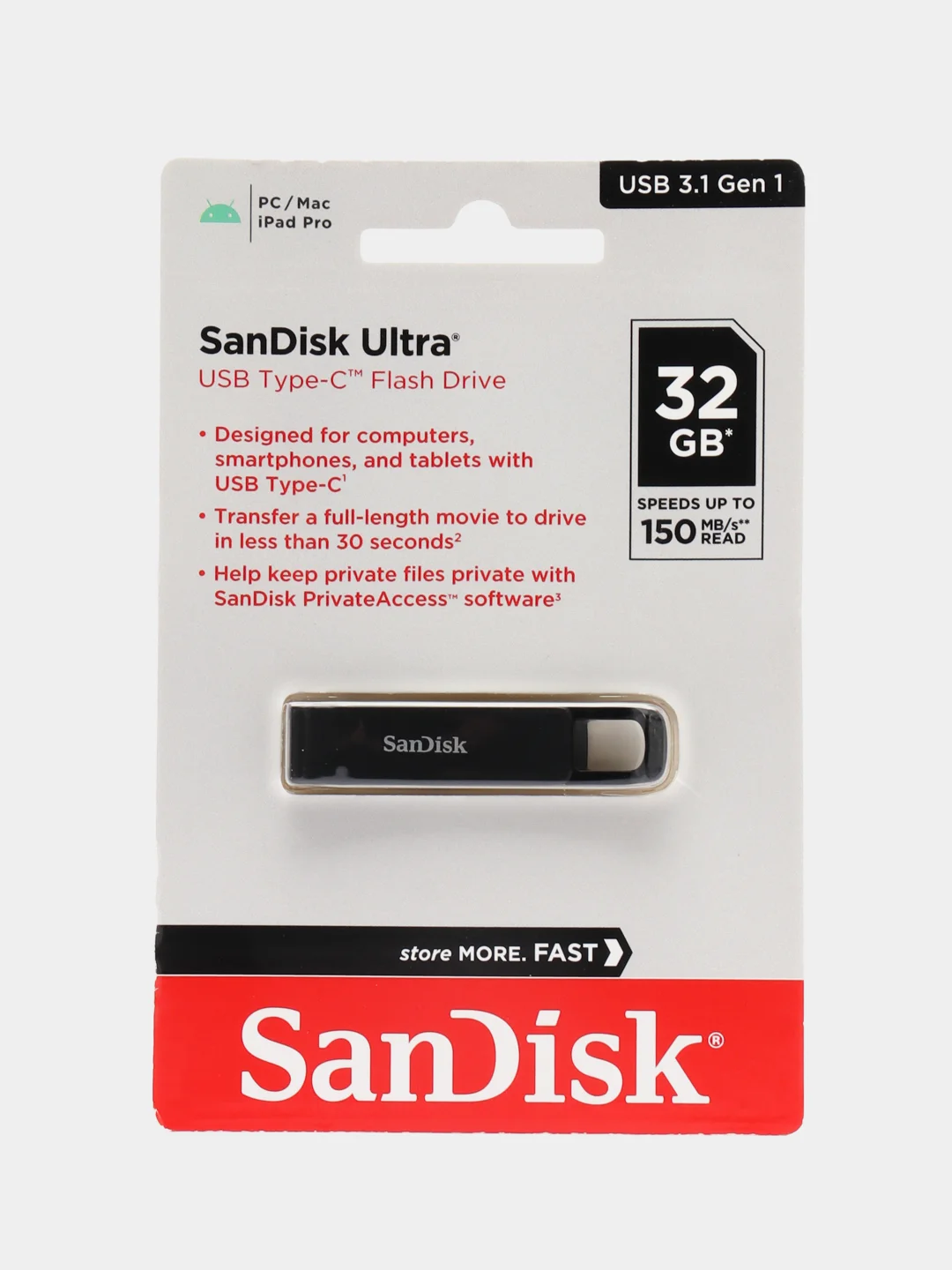 Черный флешка USB SanDisk 3.1, Type-C, выдвижная, 32-256 Gb