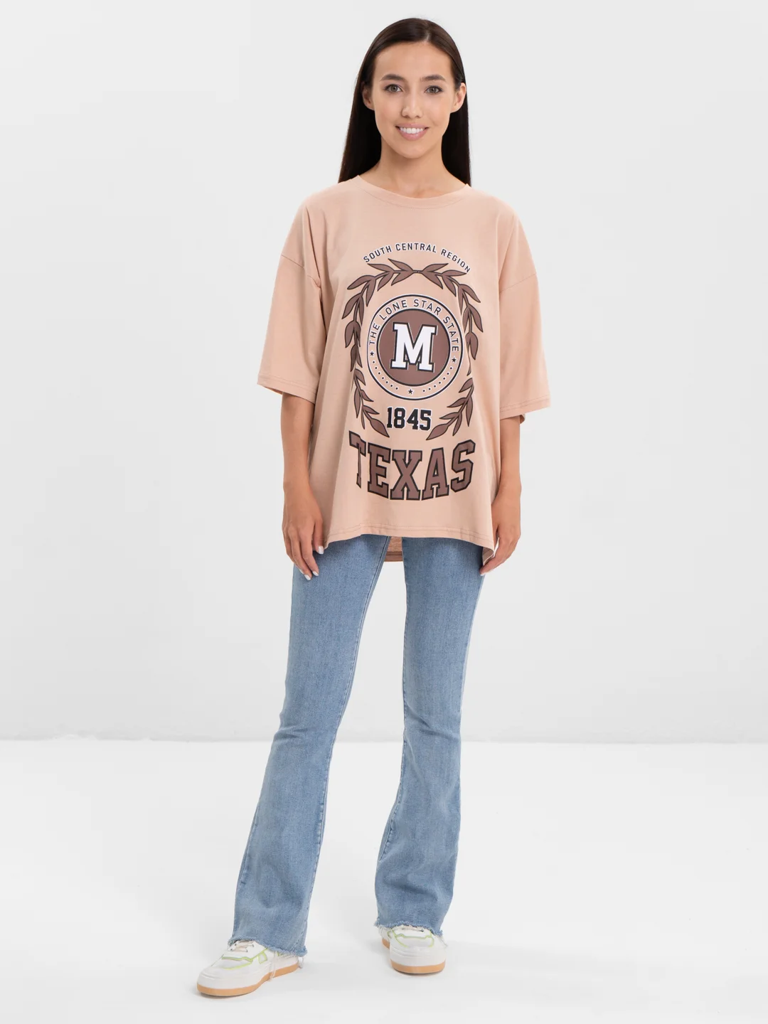 Бежевый женская футболка свободного кроя, однотонная, Oversize с принтом "TEXAS"