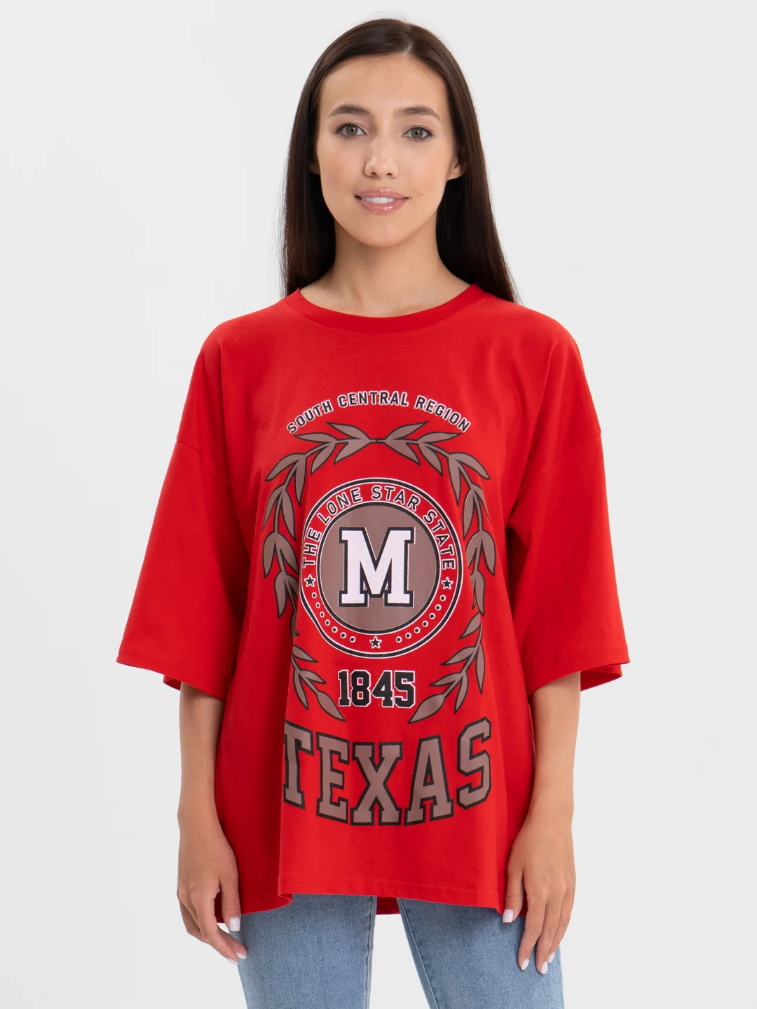 Красный женская футболка свободного кроя, однотонная, Oversize с принтом "TEXAS"