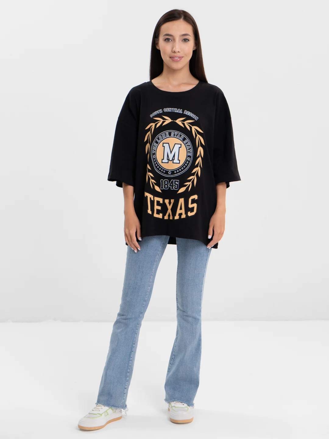 Черный женская футболка свободного кроя, однотонная, Oversize с принтом "TEXAS"