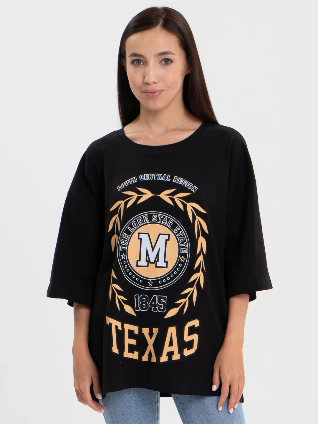 Черный женская футболка свободного кроя, однотонная, Oversize с принтом "TEXAS"