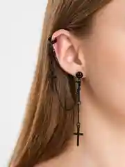 Черный серьга-кафф с двойной цепочкой, 5 крестов