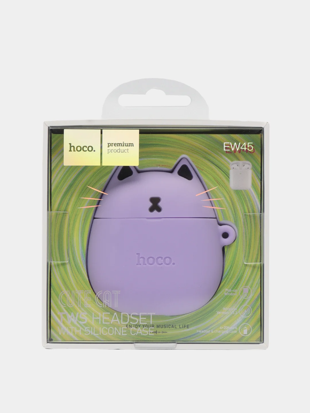 Фиолетовый беспроводные наушники HOCO EW45, с чехлом с котиками