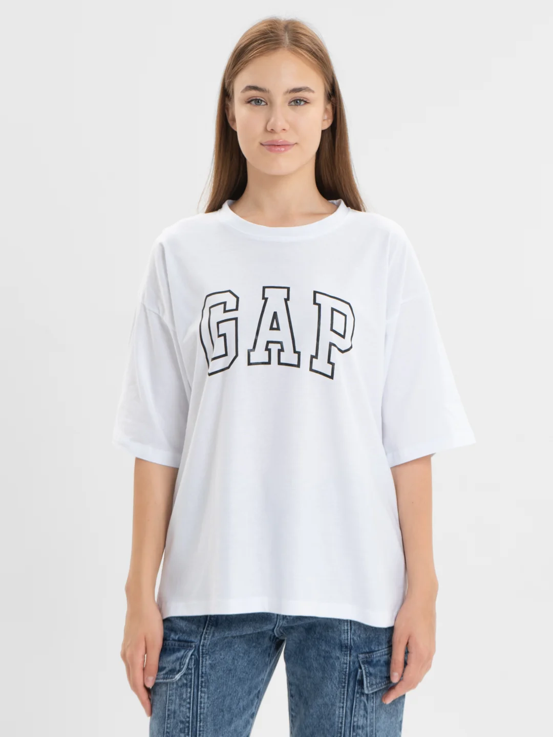 Белый футболка свободного кроя, однотонная, oversize с принтом GAP