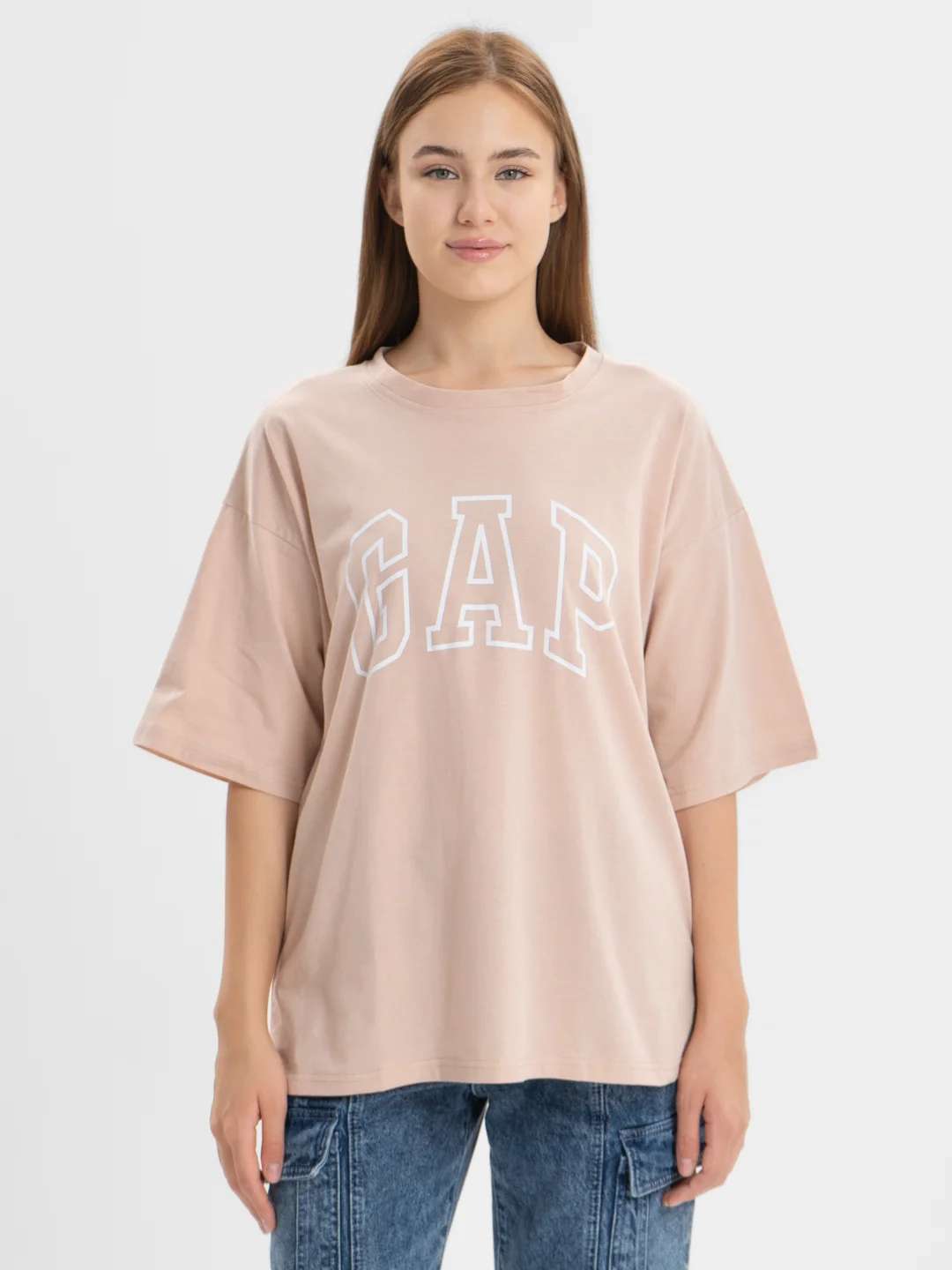 Бежевый футболка свободного кроя, однотонная, oversize с принтом GAP