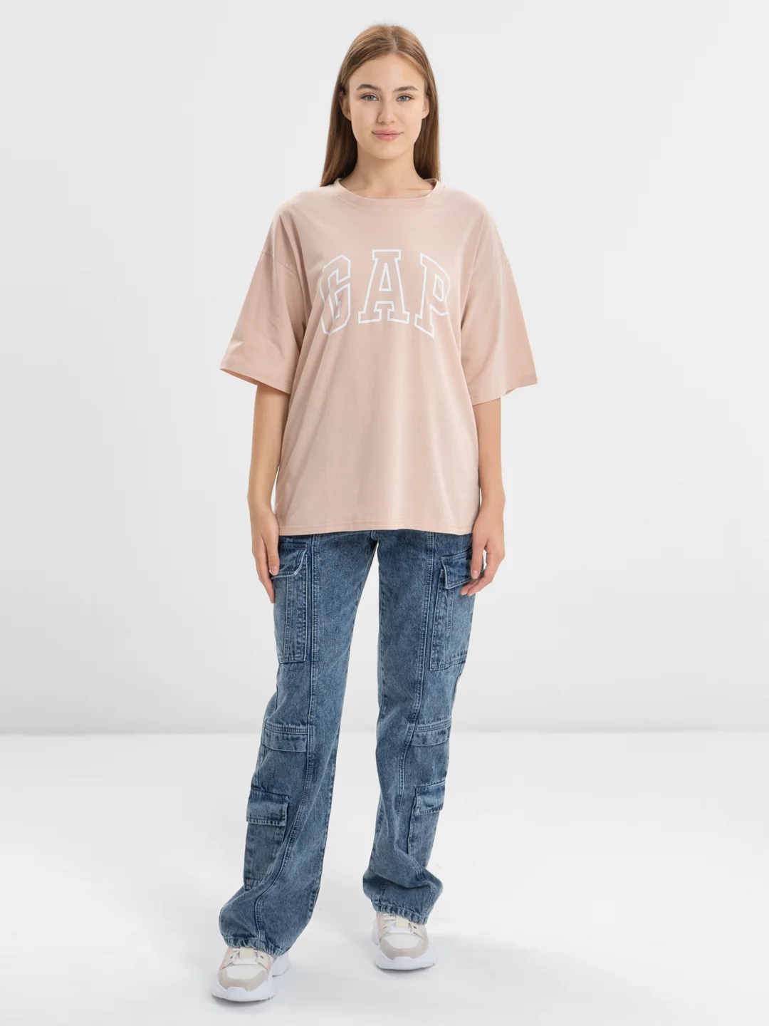 Бежевый футболка свободного кроя, однотонная, oversize с принтом GAP