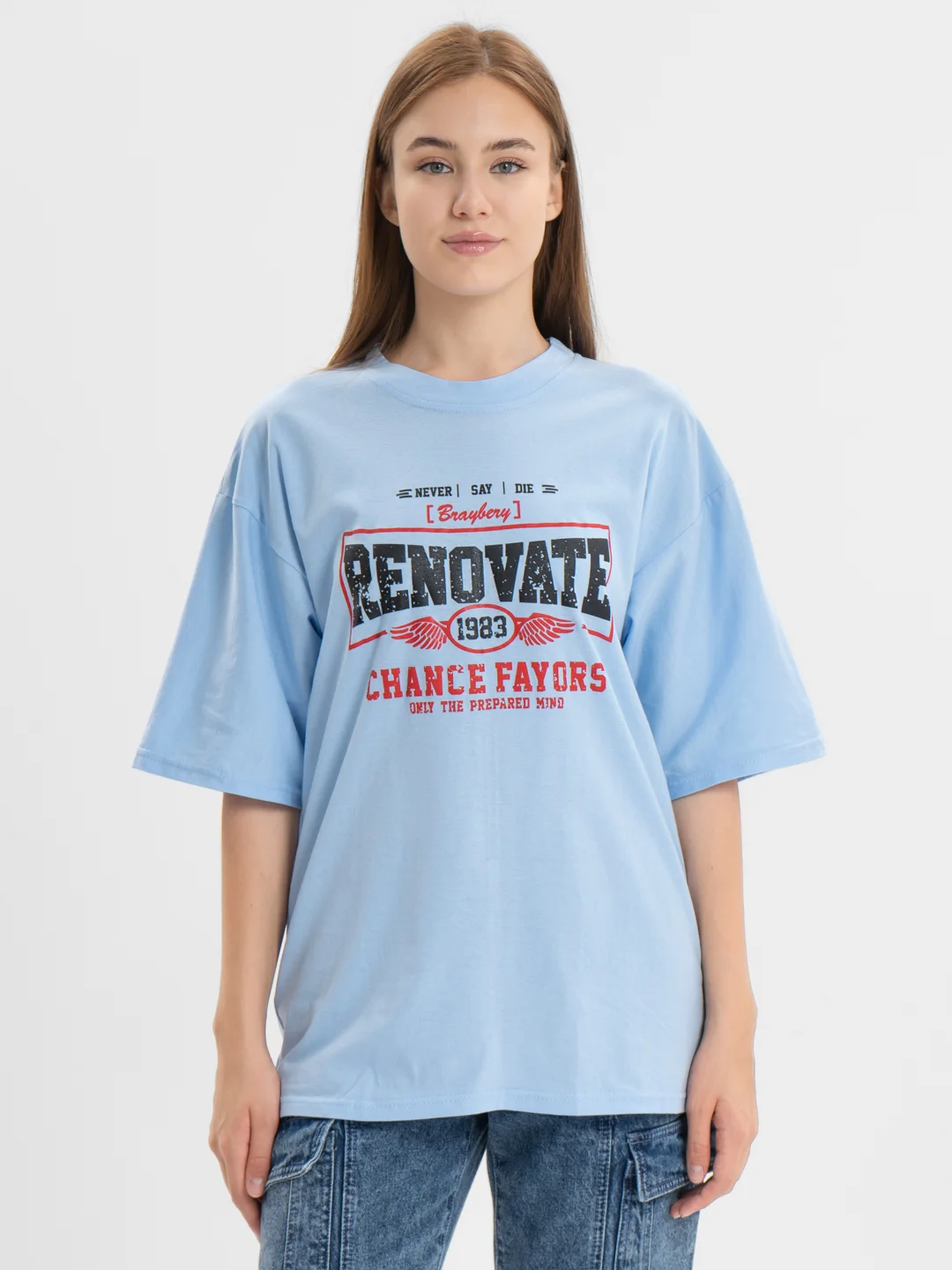 Светло-синий женская футболка свободного кроя, однотонная, oversize, с принтом RENOVATE