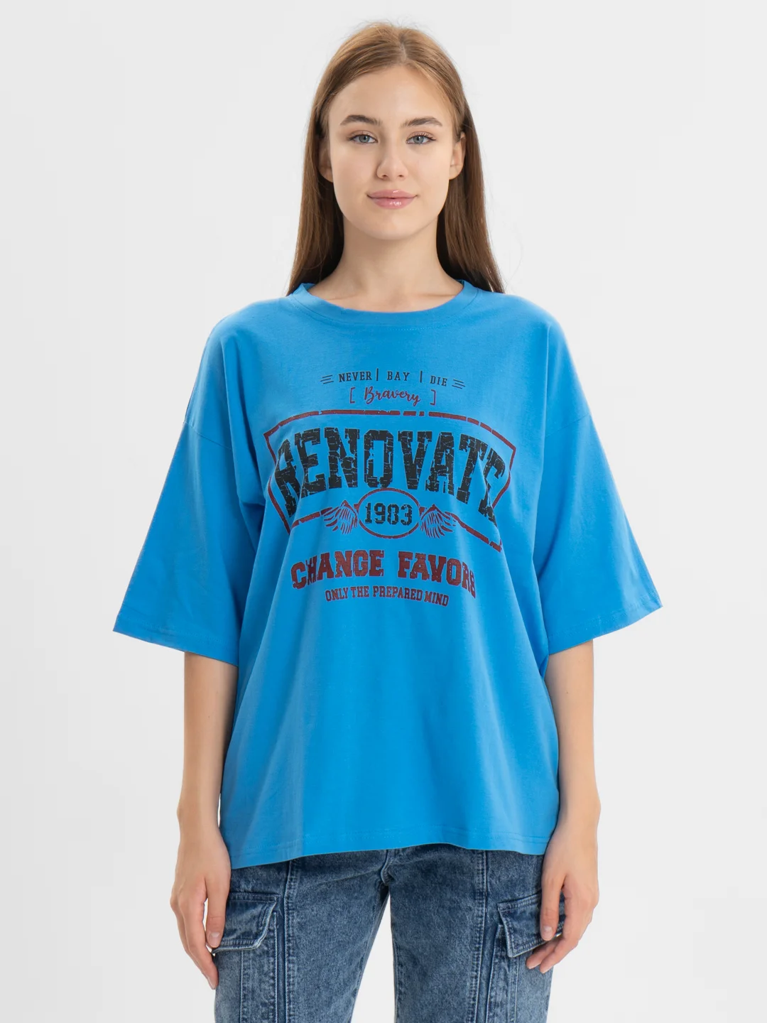 Синий женская футболка свободного кроя, однотонная, oversize, с принтом RENOVATE