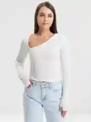 Белый лонгслив женский с косым вырезом, топ в рубчик, Sharmin