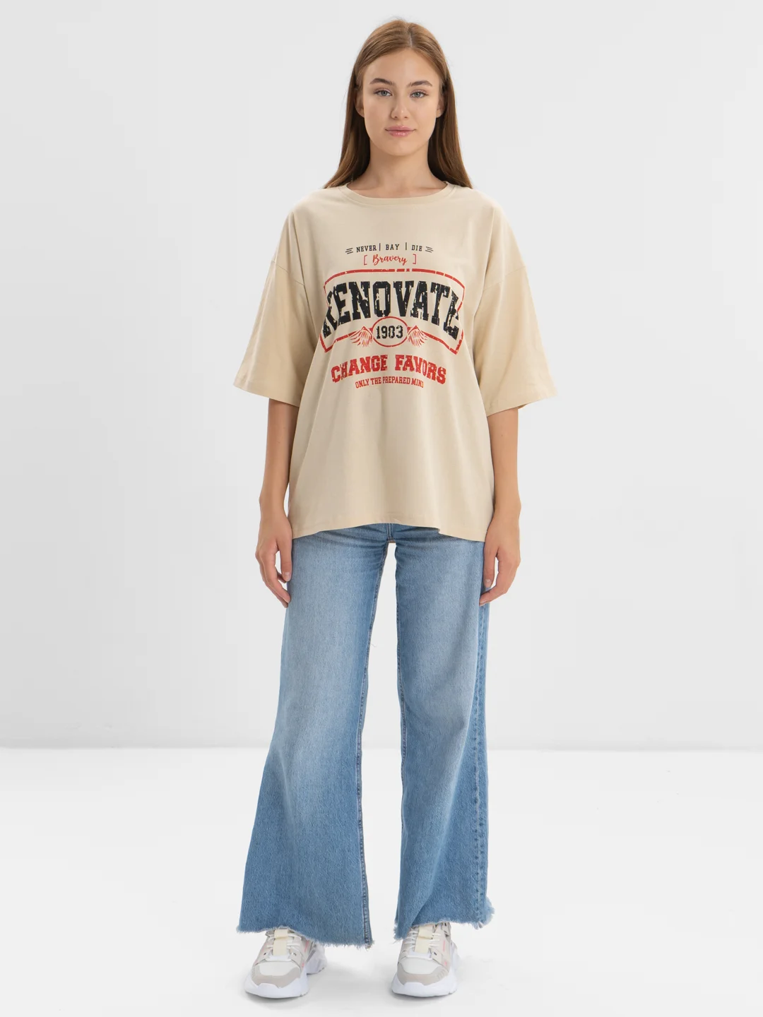 Бежевый женская футболка свободного кроя, однотонная, oversize, с принтом RENOVATE