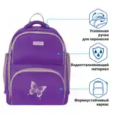 Рюкзак школьный Brauberg, легкий каркас, премиум материал, фиолетовый, 37х32х21 см