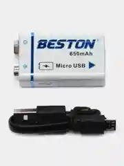 Крона аккумуляторная батарейка 9V, 650mAh, microUSB