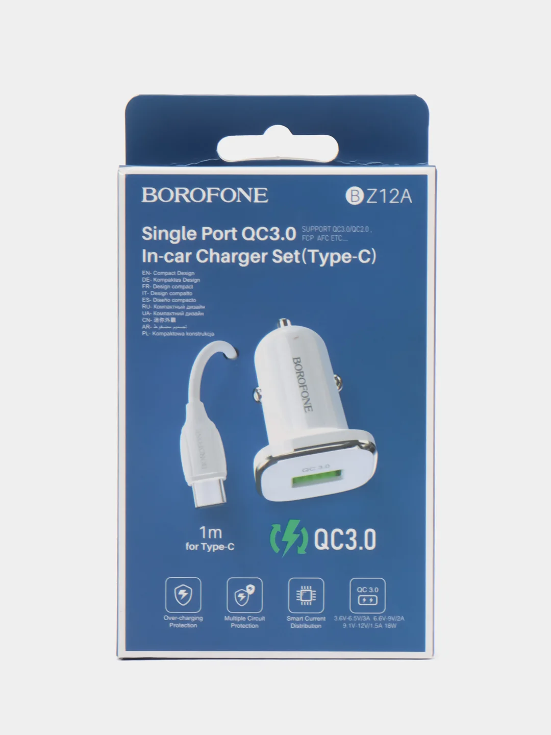 Белый автомобильное зарядное устройство Borofone BZ12A, BZ12B 18W + кабель для iPhone и Android