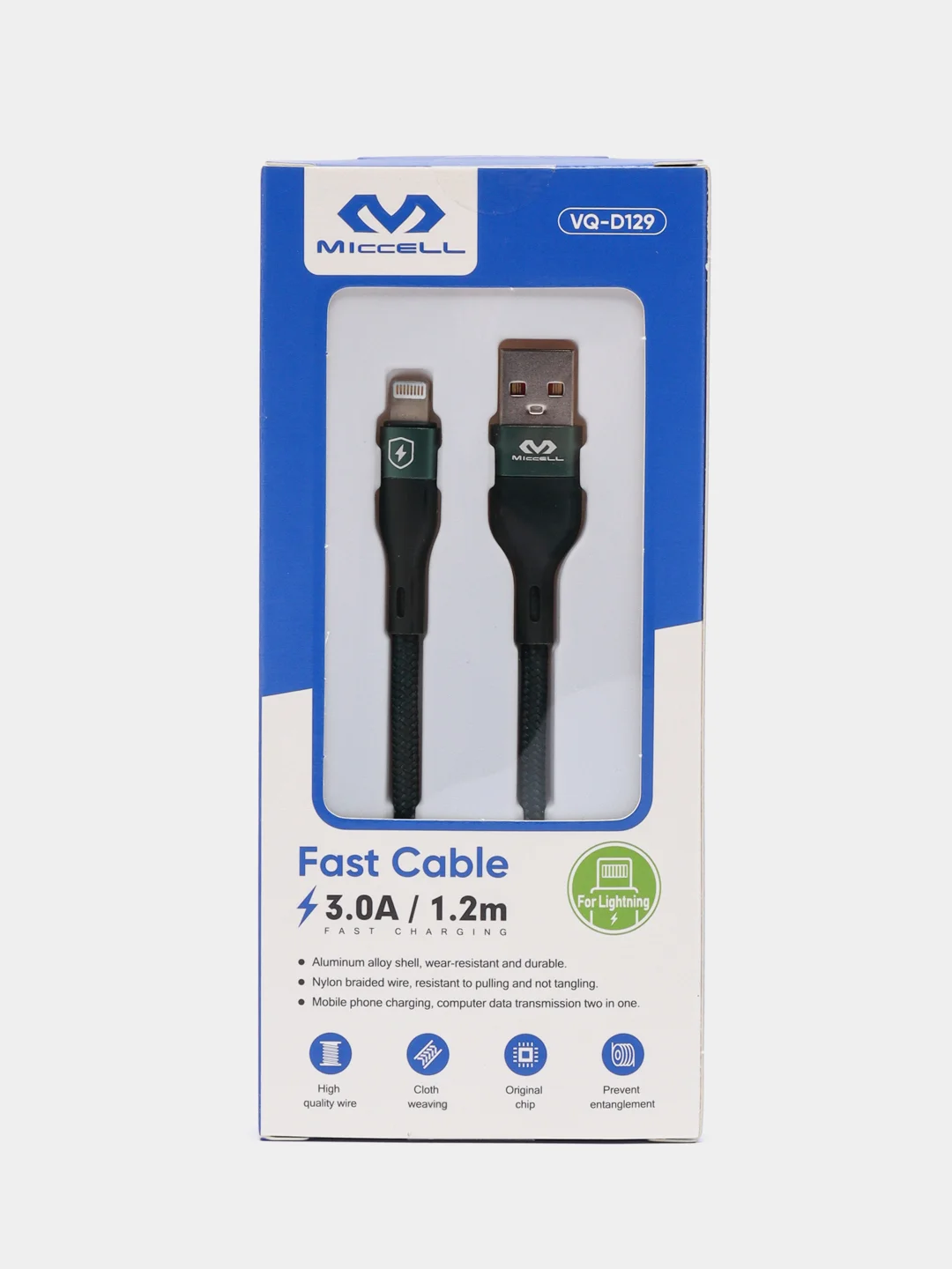 Зеленый кабель зарядный для iPhone lightning, нейлон, 1,2 м, Miccell VQ-D129