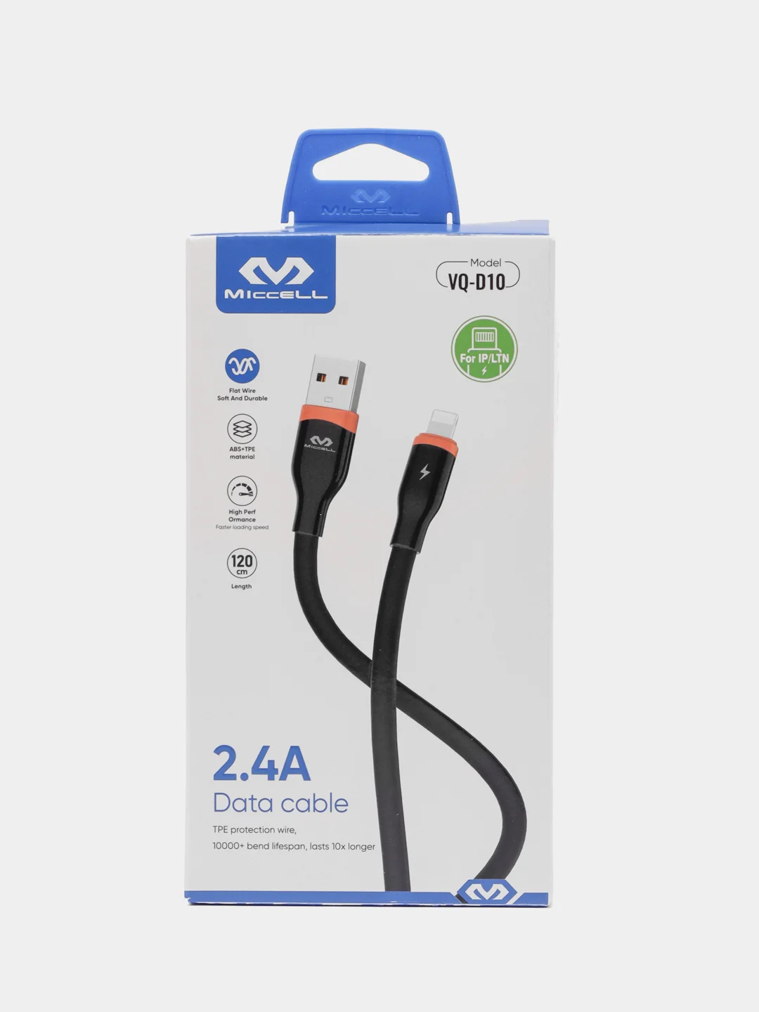 Черный кабель зарядный для iPhone lightning 1,2 м, Miccell VQ-D10, черный
