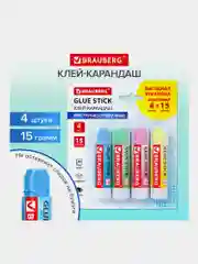 Клей-карандаш канцелярский для бумаги и картона, 15 г, BRAUBERG, 4 штуки, 271709