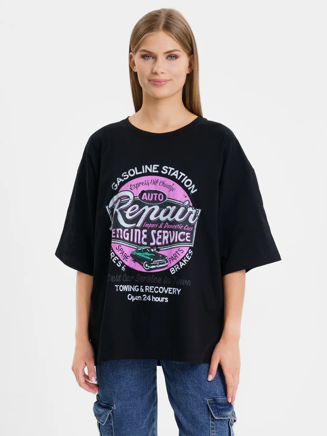 Черный женская футболка свободного кроя oversize