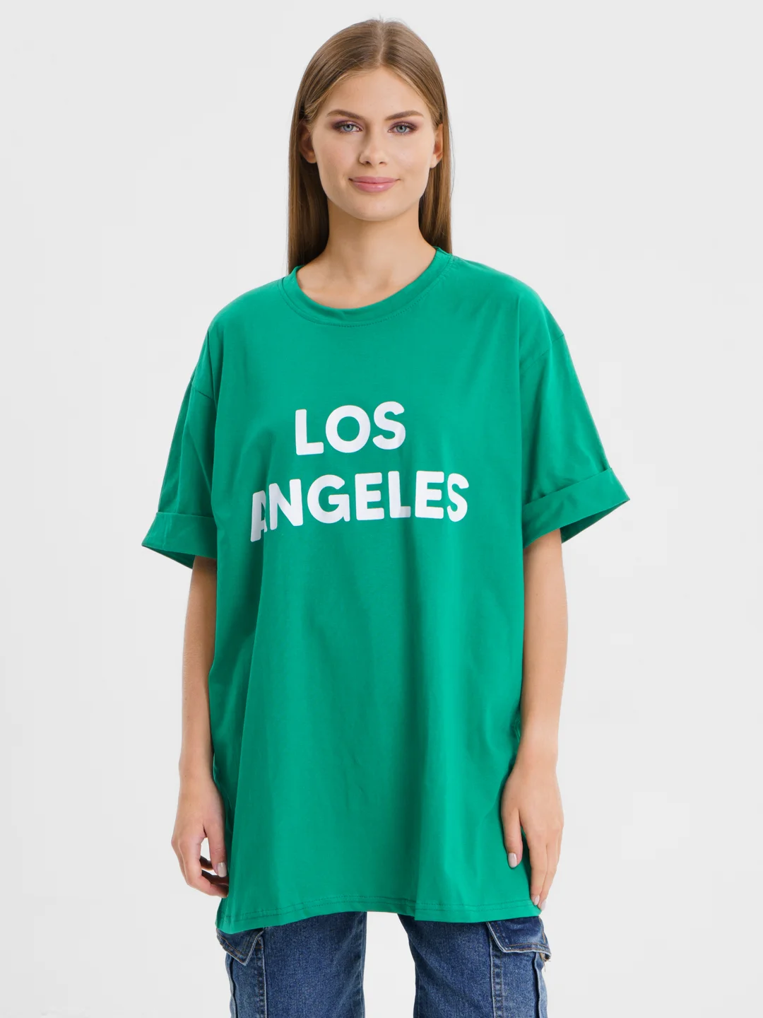 Лесной зеленый женская футболка свободного кроя с принтом "LOS ANGELES"